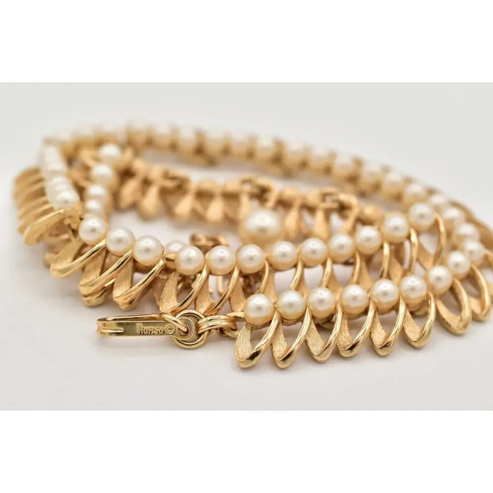 Crown Trifari Vintage Choker Necklace Pearl Brushed Gold Signed 50s 1940s BinBL